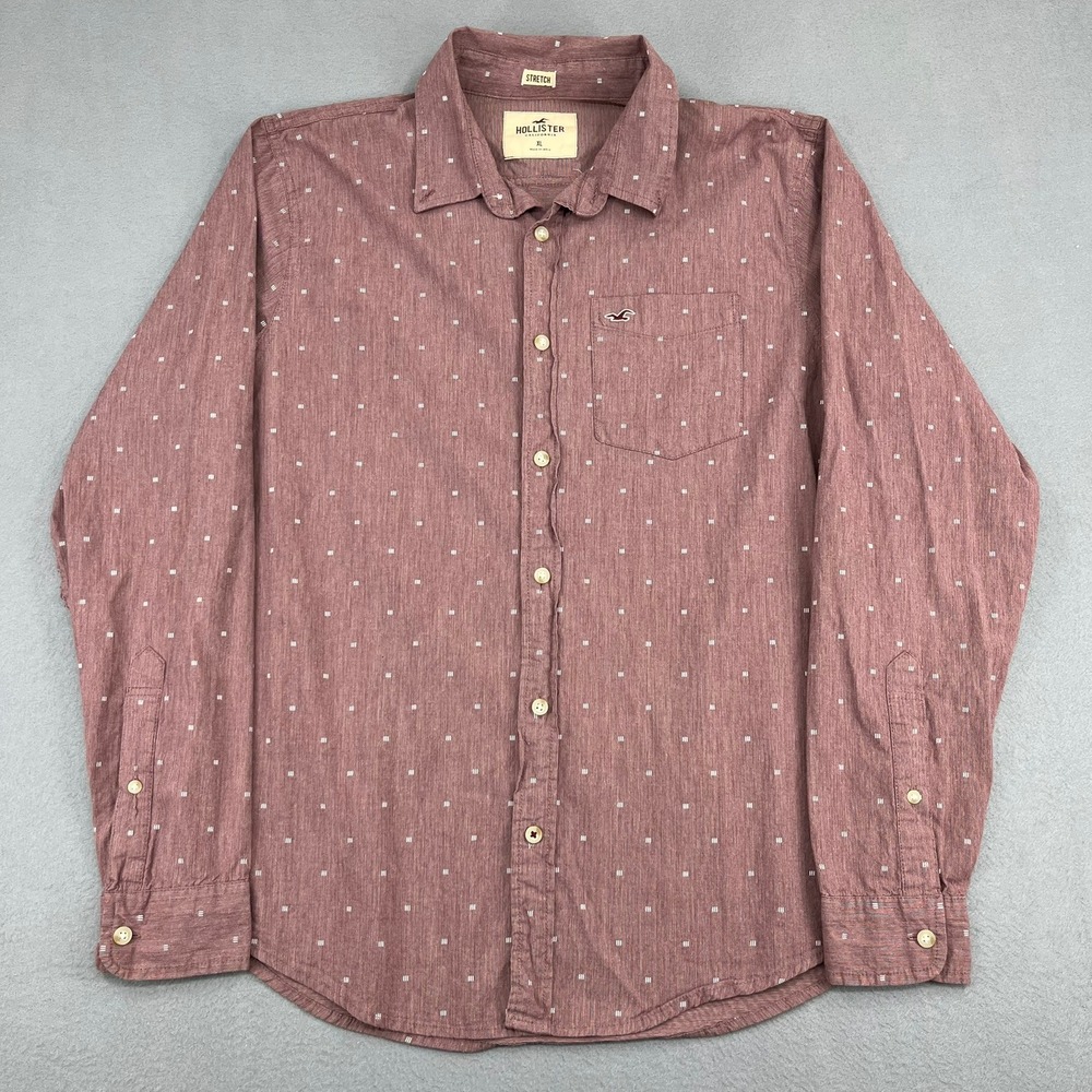 Hollister Mensā XL Burgundy Geometric Dot Stretch Long Sleeve Button Down Shirt
